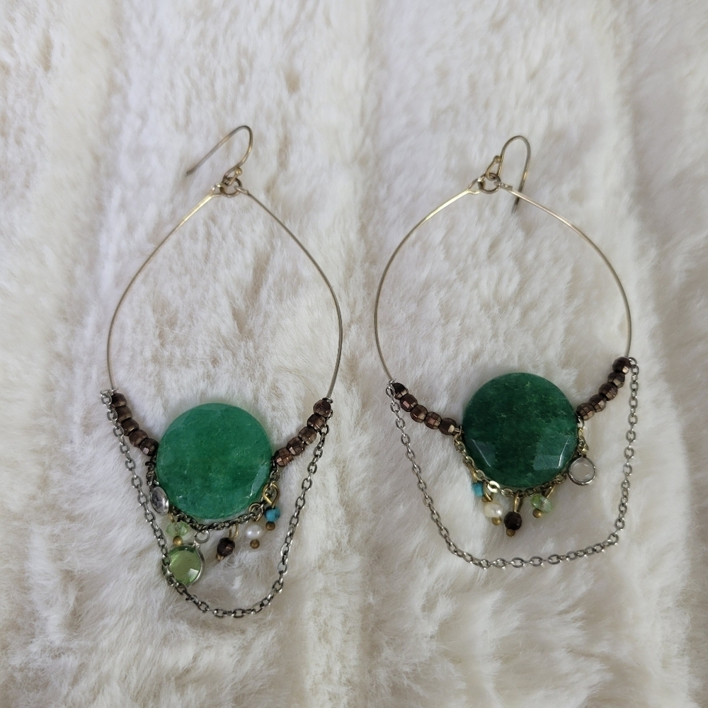 ANTHROPOLOGIE // jade stone beaded drop hoop earrings
